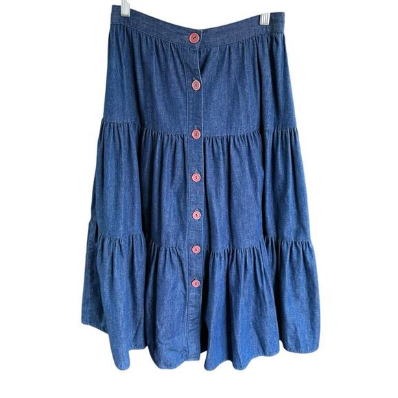 Vtg Skirt Denim Jeans Tiered Button Front Western Boho Bohemian 9/10 Hippie - Picture 1 of 5
